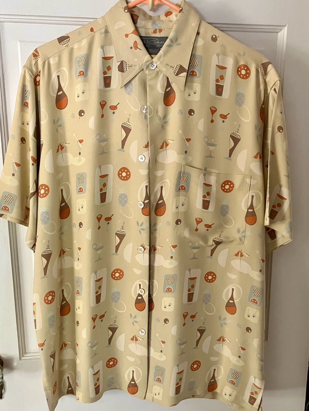 Tori Richard Beige Short-Sleeve Cocktail Print Shirt with Orange Accents
